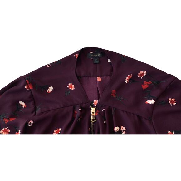 ORANGE KISS LONG SLEEVE V-NECK HALF-ZIP BLOUSE, WOMENS, 3X, BURGUNDY W/FLOWERS - Picture 2 of 12